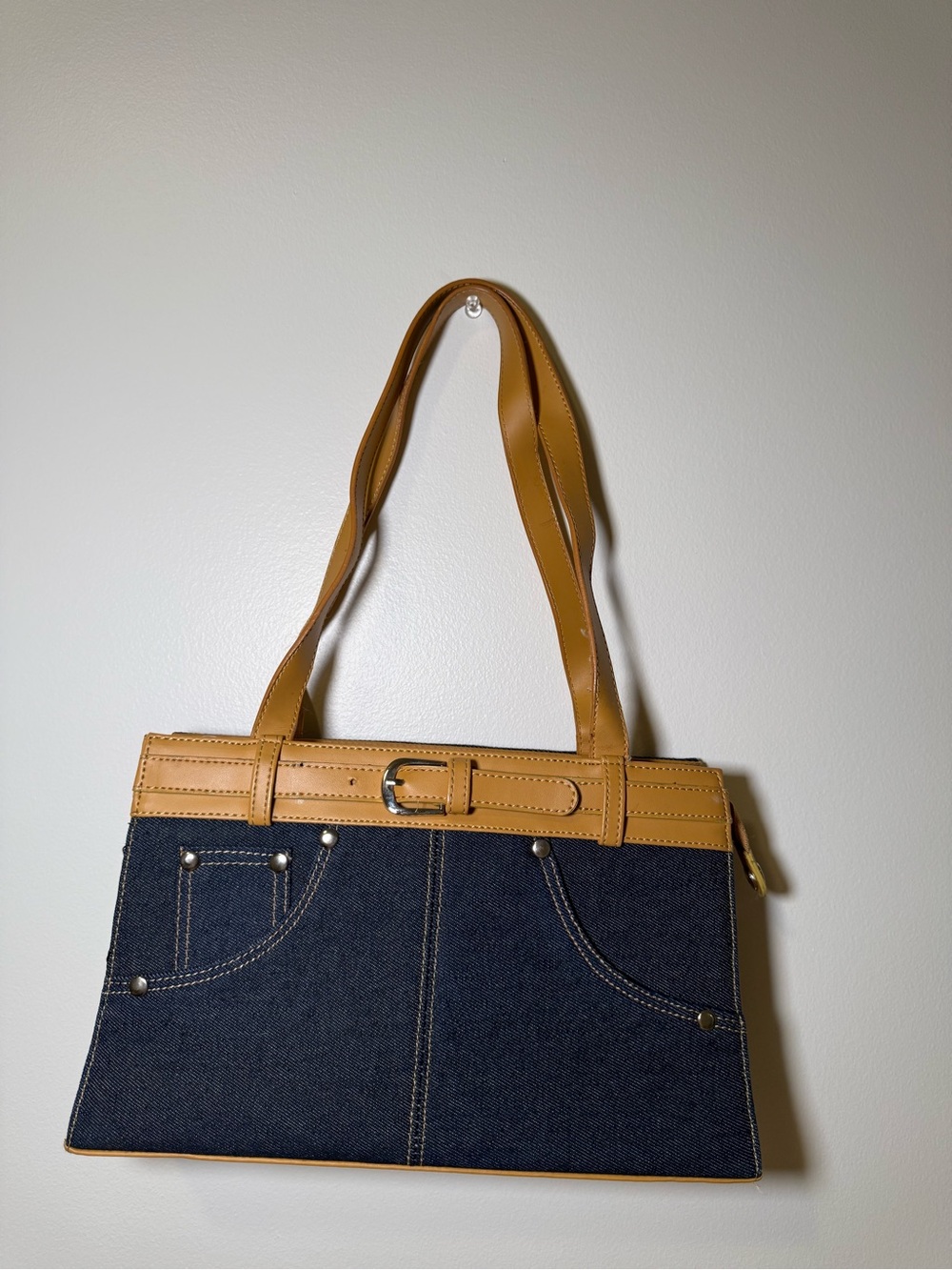 Tan-Trim Denim Tote Shoulder Bag